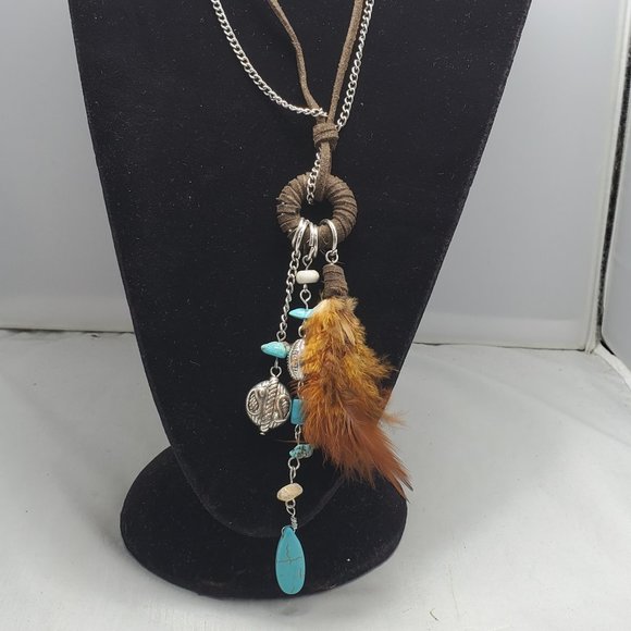 RUFF HEWN southwest feather silver/cord pendant necklace - Picture 1 of 8